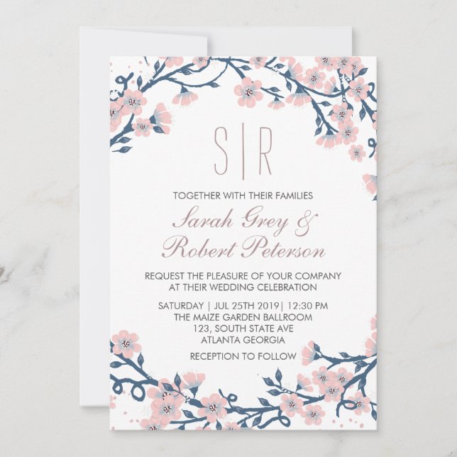 Pink Cherry Blossom Flower Wedding Invitation (Front)