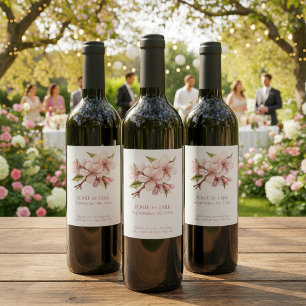 Pink cherry blossom flower wine label