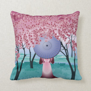 Pink Cherry Blossom Flowers Girl With Umbrella Cushion