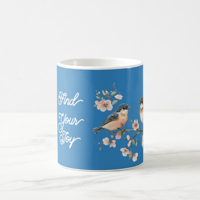 Pink Cherry Blossom Flowers Joy Blue Birds Coffee Mug (Center)