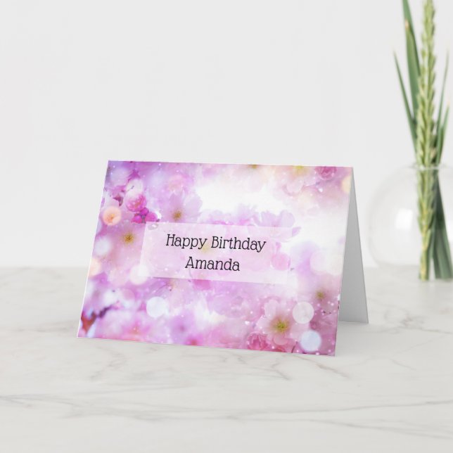 Pink Cherry Blossom Flowers Photo Birthday Card (Front)