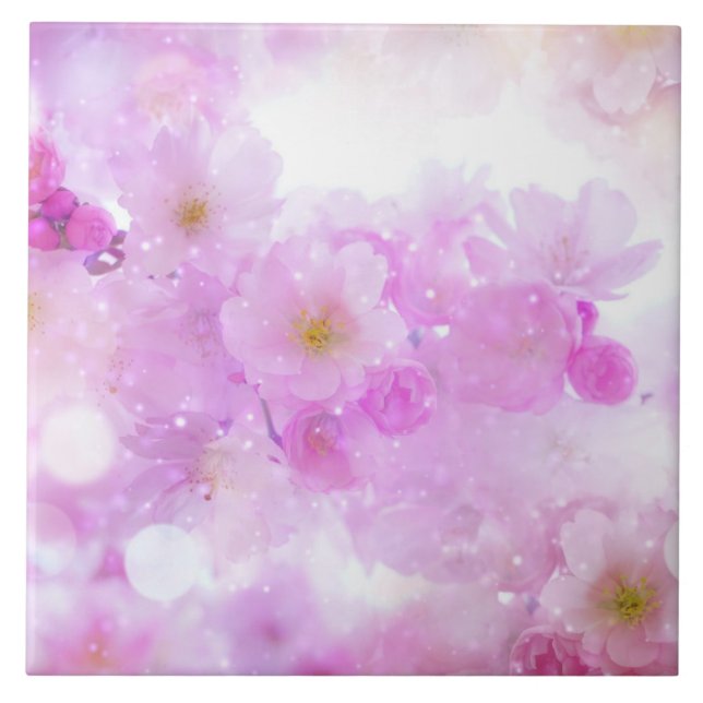 Pink Cherry Blossom Flowers Photo Ceramic Tile (Front)