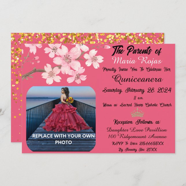 Pink Cherry Blossom Flowers | Photo Quinceanera Invitation (Front/Back)