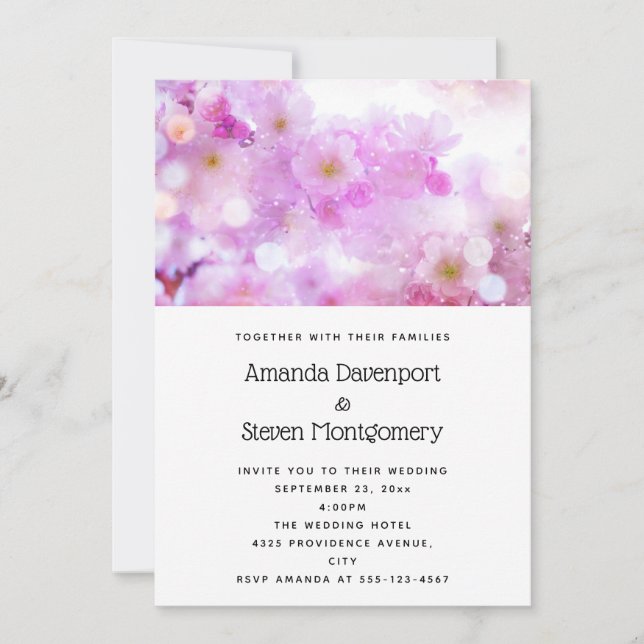 Pink Cherry Blossom Flowers Photo Wedding Invitation (Front)