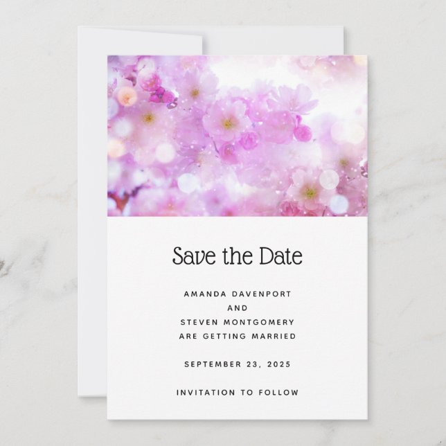 Pink Cherry Blossom Flowers Photo Wedding Save The Date (Front)