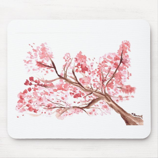 Pink cherry blossom flowers watercolor painting mouse pad (Front)