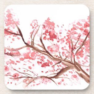 Pink cherry blossom flowers watercolor Sakura Coaster