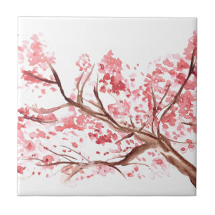 Pink cherry blossom flowers watercolor tree pretty ceramic tile