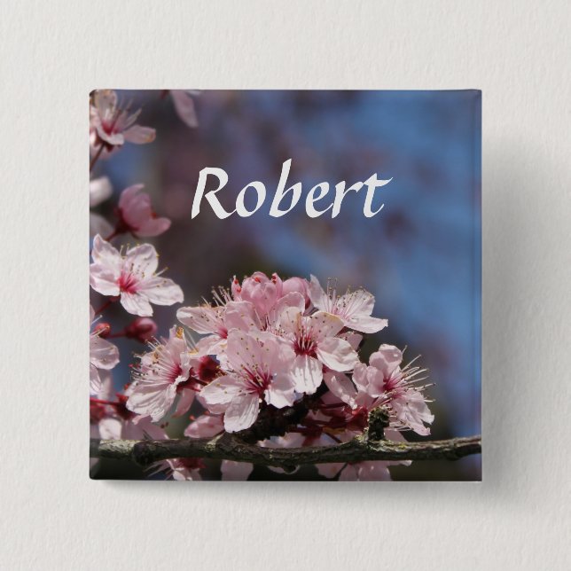 pink cherry blossom flowers wedding button (Front)