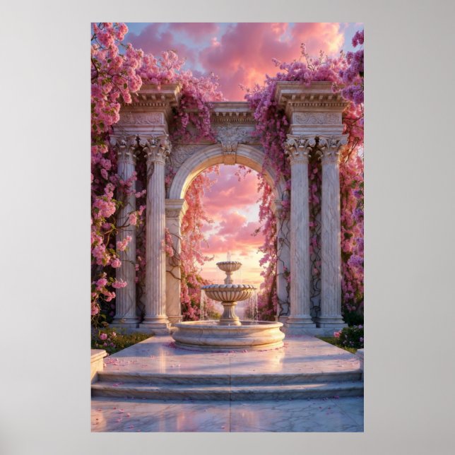 Pink Cherry Blossom Fountain Marble Arch Poster (Front)
