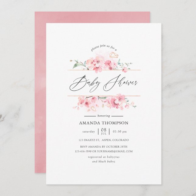 Pink Cherry Blossom Geometric Baby Shower Invitation (Front/Back)