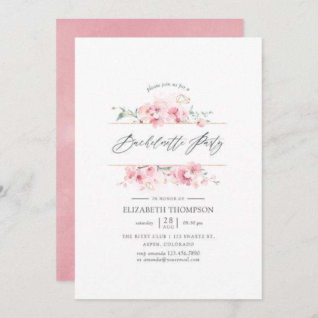 Pink Cherry Blossom Geometric Bachelorette Party Invitation (Front/Back)