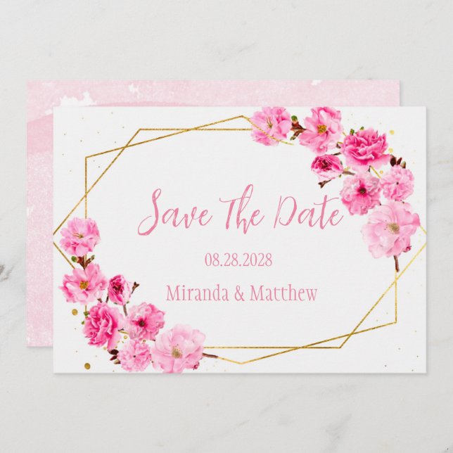 Pink Cherry Blossom Geometric Save The Date Cards (Front/Back)