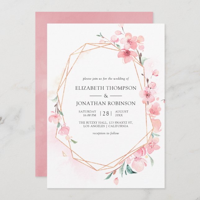 Pink Cherry Blossom Geometric Spring Wedding Invitation (Front/Back)