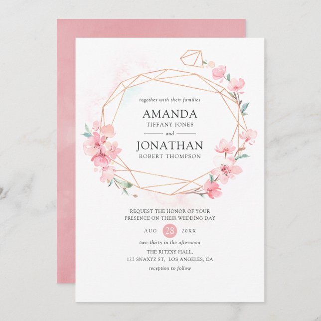 Pink Cherry Blossom Geometric Spring Wedding Invitation (Front/Back)