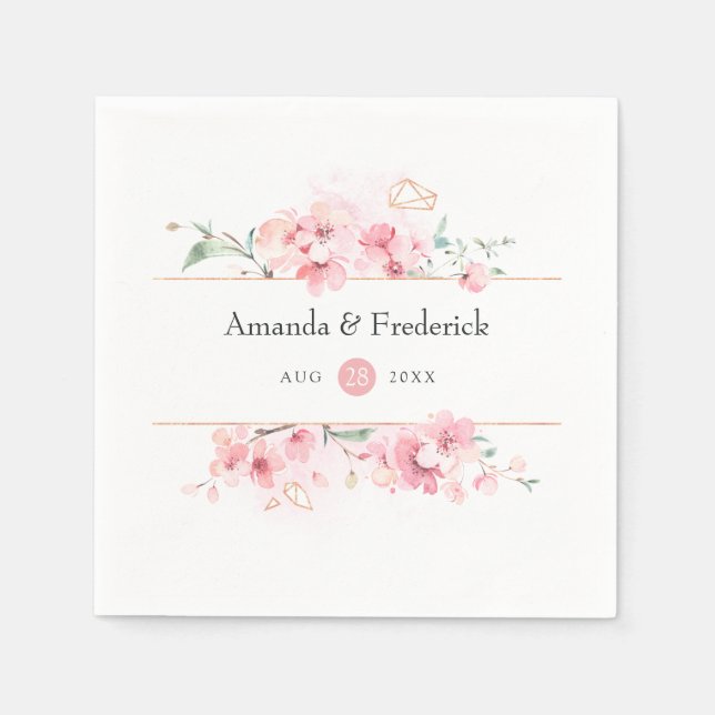 Pink Cherry Blossom Geometric Spring Wedding Napkin (Front)
