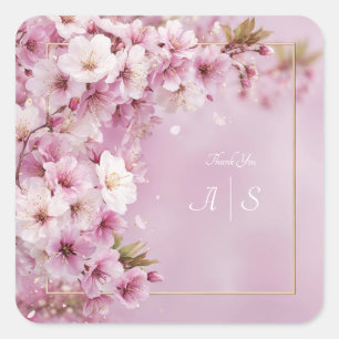 Pink Cherry Blossom Gold Frame Elegant Wedding Square Sticker
