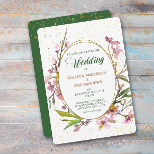 Pink Cherry Blossom Gold Frame Wedding Invitation