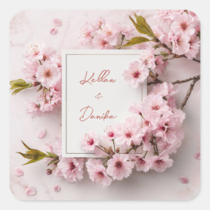 Pink Cherry Blossom Gold Marble Square Wedding Square Sticker