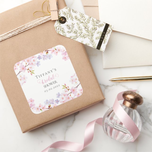 Pink Cherry Blossom in Bloom Garden Bridal Shower Square Sticker (Gifting)