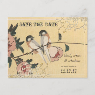 Pink Cherry Blossom Love Birds  Save the Date Announcement Postcard