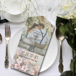 Pink Cherry Blossom Mauve Photo QR Code Website All In One Invitation