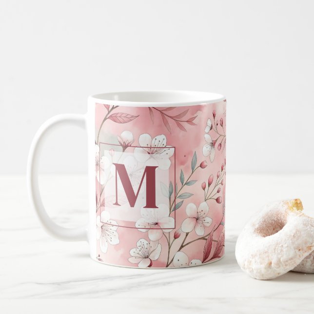 Pink cherry blossom monogram coffee mug (With Donut)