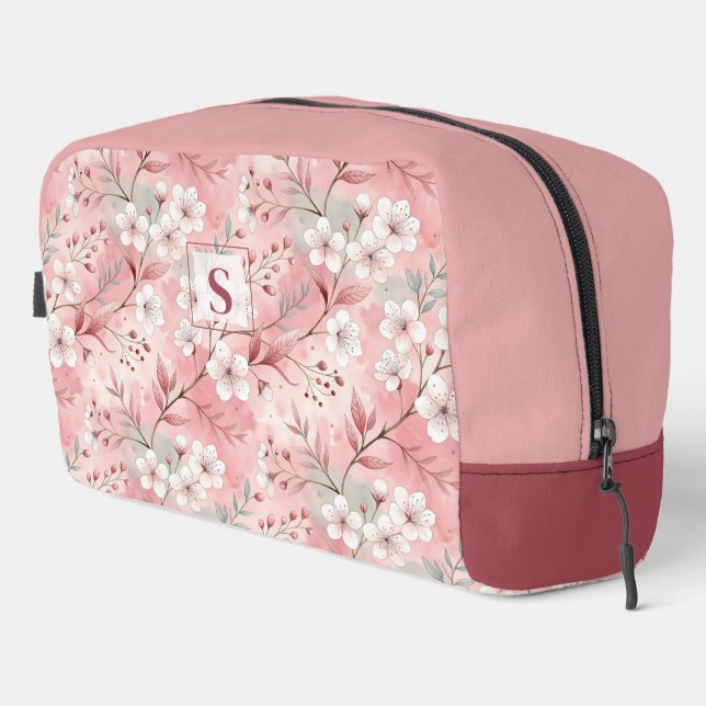 Pink cherry blossom monogram dopp kit (Right Corner)