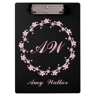 Pink Cherry Blossom Monogram Feminine Floral Wreat Clipboard