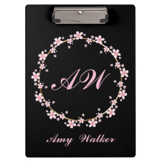 Pink Cherry Blossom Monogram Feminine Floral Wreat Clipboard