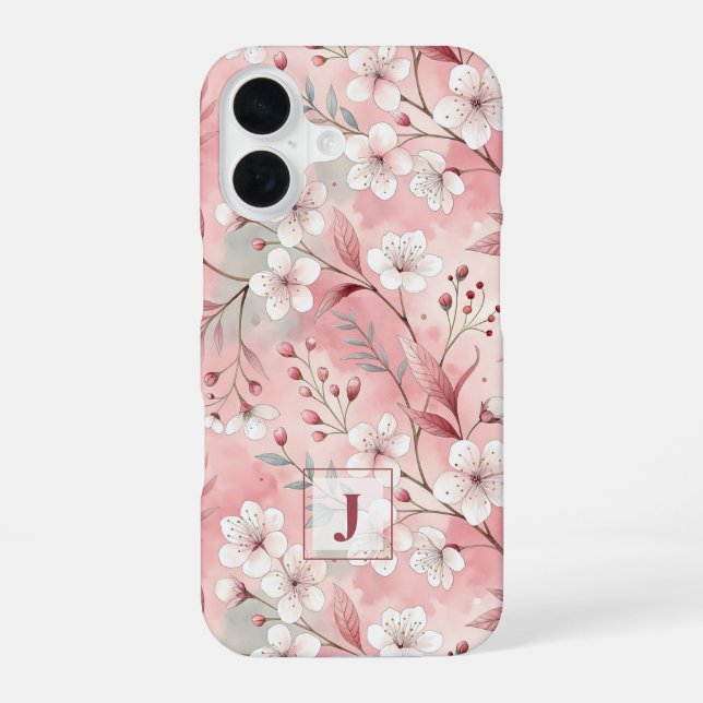 Pink cherry blossom monogram iPhone 16 case (Back)
