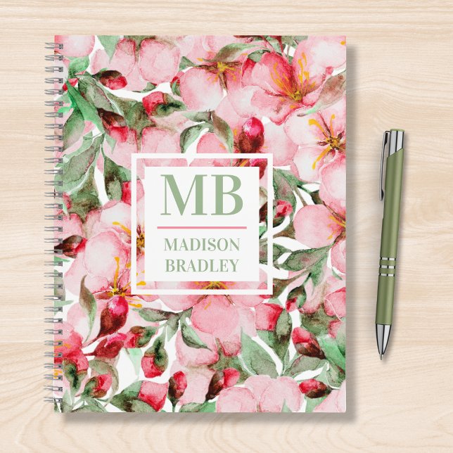 Pink Cherry Blossom Monogram Personalised Name Notebook (Creator Uploaded)
