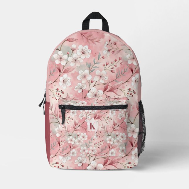 Pink cherry blossom monogram printed backpack (Front)