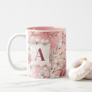 Pink cherry blossom monogram Two-Tone coffee mug
