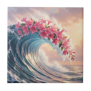 Pink Cherry Blossom Ocean Wave Surreal Ceramic Tile