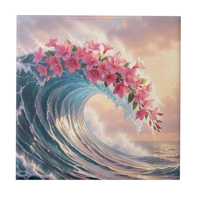  Pink Cherry Blossom Ocean Wave Surreal  Ceramic Tile (Front)