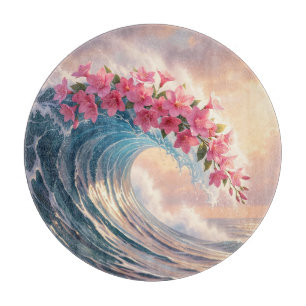 Pink Cherry Blossom Ocean Wave Surreal Cutting Board