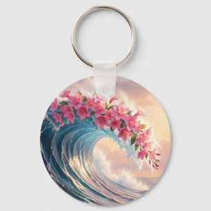 Pink Cherry Blossom Ocean Wave Surreal Key Ring