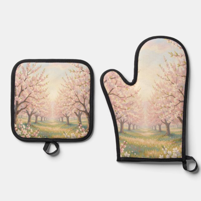 Pink Cherry Blossom Orchard Spring Landscape Oven Mitt & Pot Holder Set (Front)