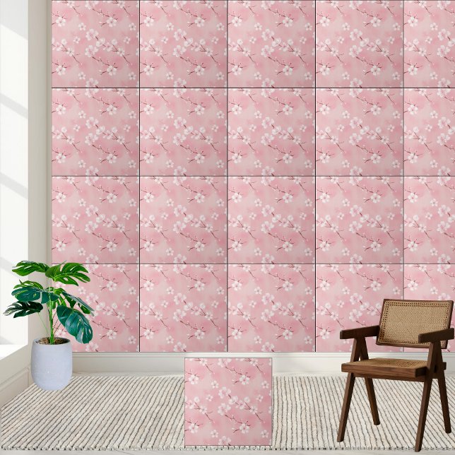 Pink Cherry Blossom Pattern Ceramic Tile (Pink Cherry Blossom Pattern Ceramic Tile)