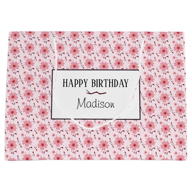 Pink Cherry Blossom Pattern Happy Birthday Large Gift Bag (Front)