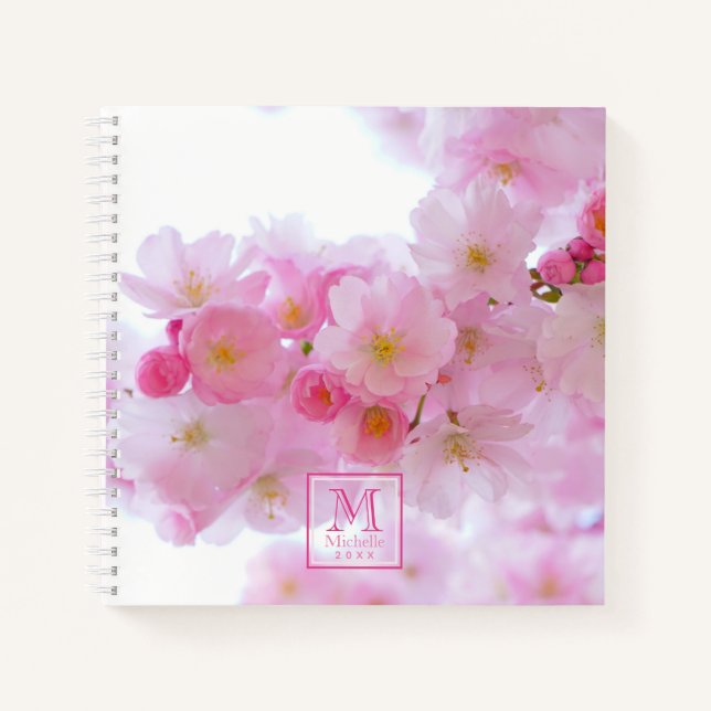 Pink Cherry Blossom Photo - Monogrammed  Notebook (Front)