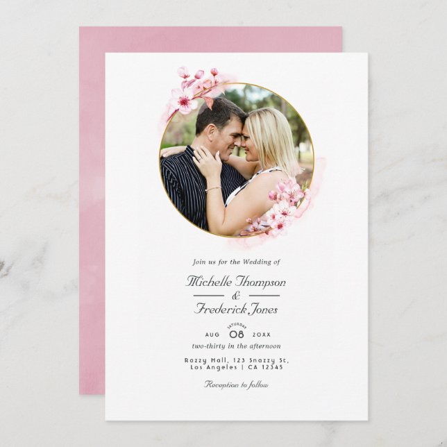 Pink Cherry Blossom QR Code RSVP Spring Wedding Invitation (Front/Back)