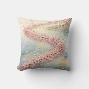 Pink Cherry Blossom River Watercolor Scene Cushion