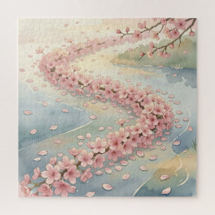 Pink Cherry Blossom River Watercolor Scene Jigsaw Puzzle
