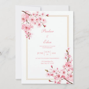 Pink Cherry Blossom Romantic Gold Frame Wedding Invitation