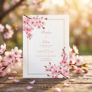 Pink Cherry Blossom Romantic Gold Frame Wedding Invitation