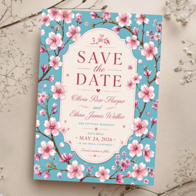 Pink Cherry Blossom Romantic Spring Elegant Sakura Save The Date (Creator Uploaded)