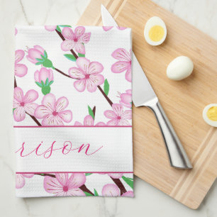Pink cherry blossom sakura flower tea towel