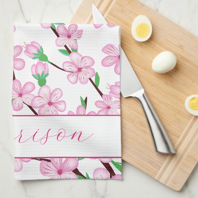 Pink cherry blossom sakura flower tea towel (Quarter Fold)